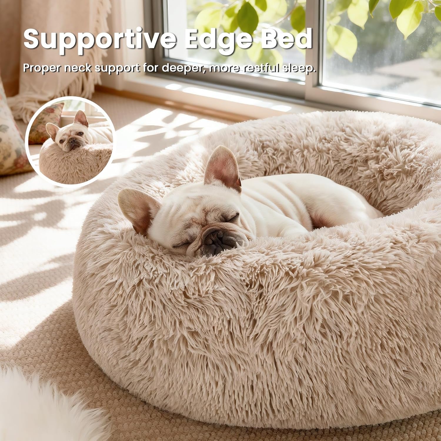 Calming Dog & Cat Bed, Anti-Anxiety Donut round Bed, Fluffy Warming Pet Bed for Small Medium Dogs and Cats, Beige Taupe