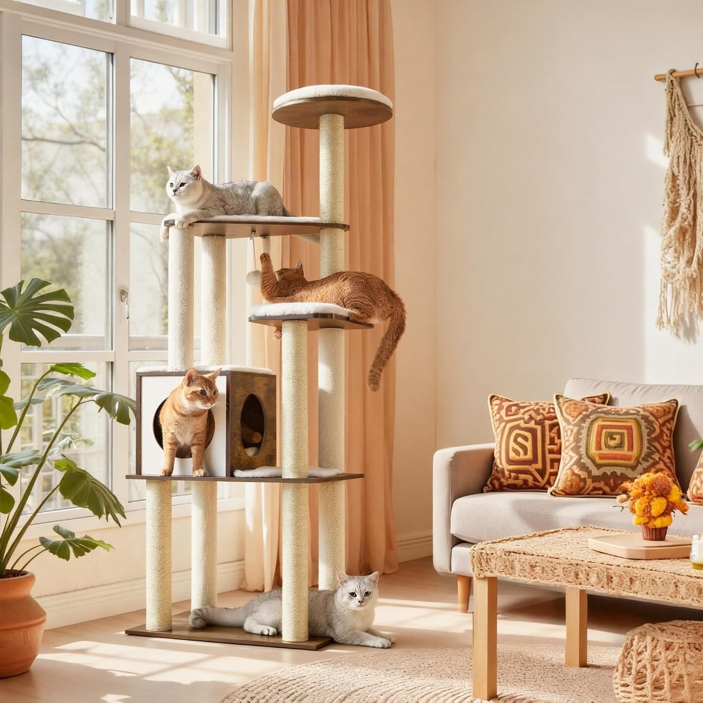Cat Tree, 64.6-Inch Modern Cat Tower, Multi-Level Condo with 5 Scratching Posts, Perch, Washable Removable Cushions, Cave, Rustic Brown