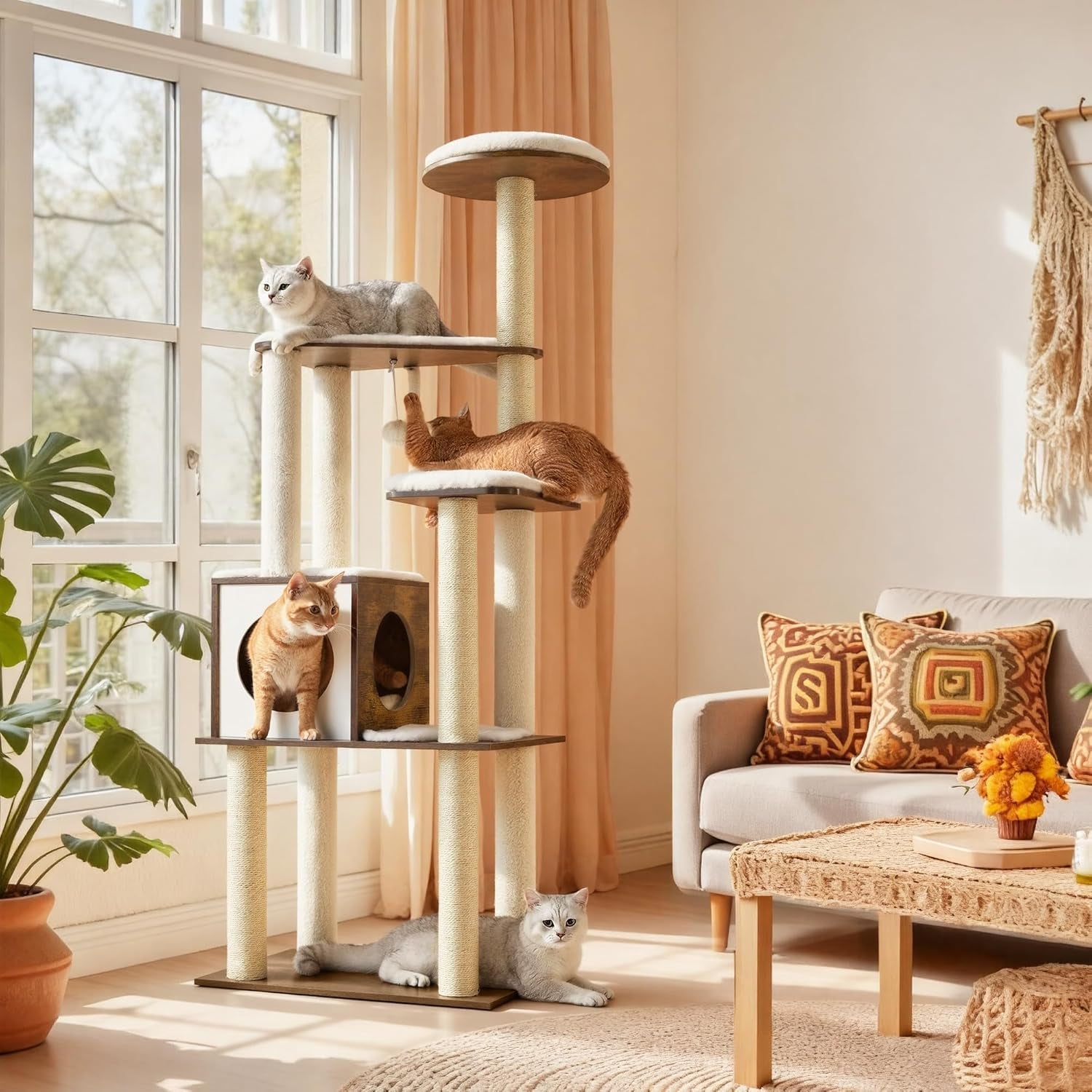 Cat Tree, 64.6-Inch Modern Cat Tower, Multi-Level Condo with 5 Scratching Posts, Perch, Washable Removable Cushions, Cave, Rustic Brown