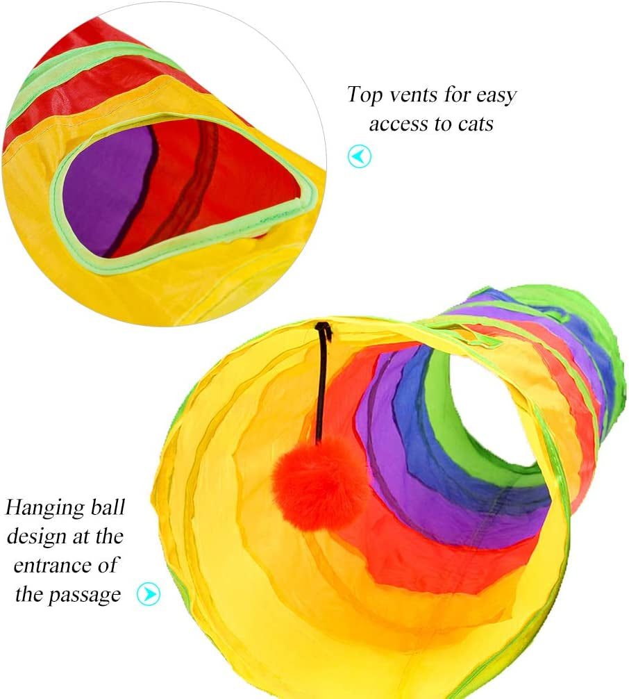 Cat Tunnel for Indoor Cats, 45" Long Rainbow Collapsible Kitten Tube with a Fun Ball and 2 Holes Cat Exercise and Running(Colorful)