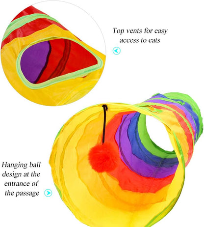 Cat Tunnel for Indoor Cats, 45" Long Rainbow Collapsible Kitten Tube with a Fun Ball and 2 Holes Cat Exercise and Running(Colorful)