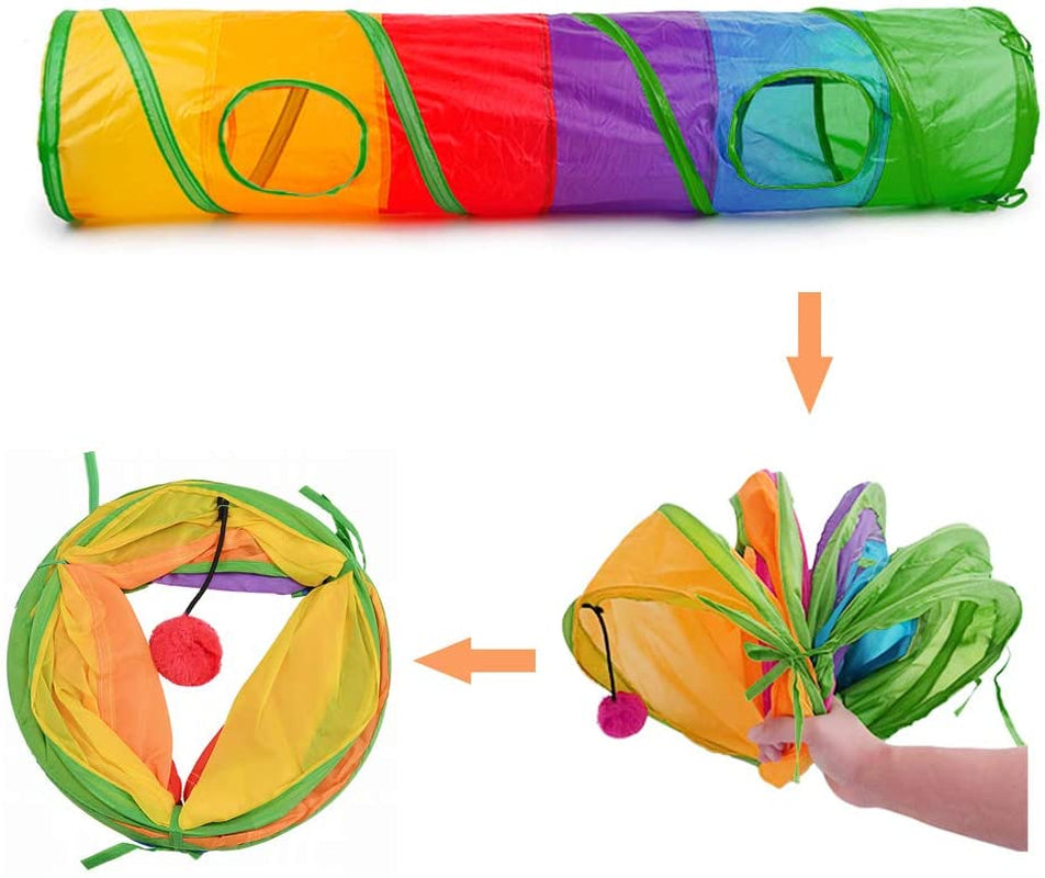 Cat Tunnel for Indoor Cats, 45" Long Rainbow Collapsible Kitten Tube with a Fun Ball and 2 Holes Cat Exercise and Running(Colorful)