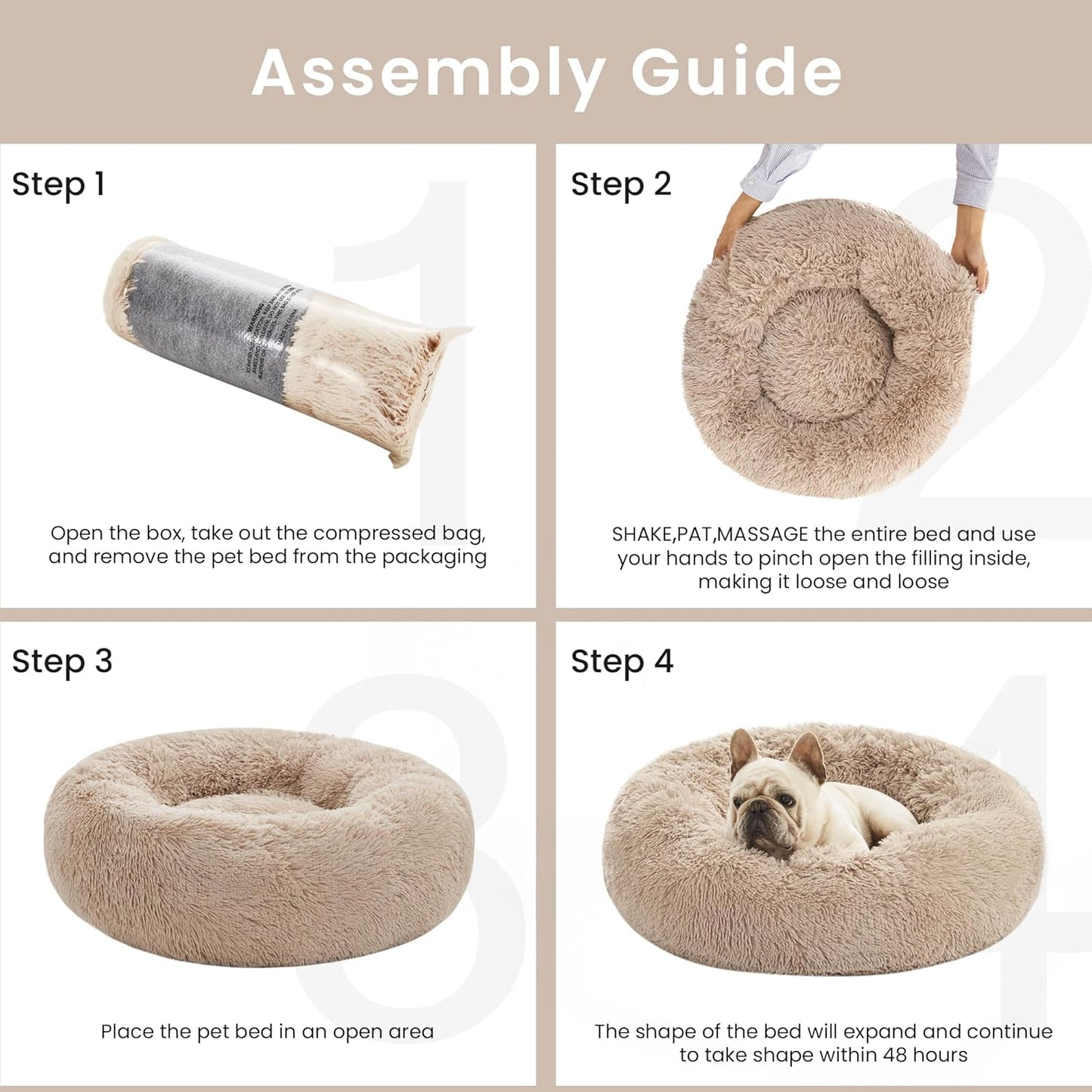 Calming Dog & Cat Bed, Anti-Anxiety Donut round Bed, Fluffy Warming Pet Bed for Small Medium Dogs and Cats, Beige Taupe
