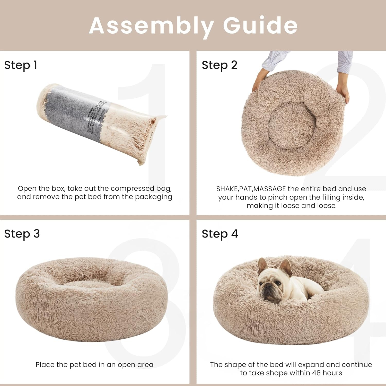 Calming Dog & Cat Bed, Anti-Anxiety Donut round Bed, Fluffy Warming Pet Bed for Small Medium Dogs and Cats, Beige Taupe