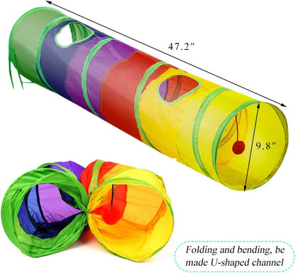 Cat Tunnel for Indoor Cats, 45" Long Rainbow Collapsible Kitten Tube with a Fun Ball and 2 Holes Cat Exercise and Running(Colorful)