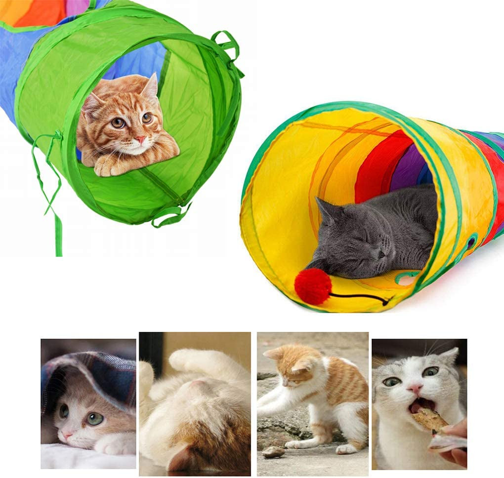 Cat Tunnel for Indoor Cats, 45" Long Rainbow Collapsible Kitten Tube with a Fun Ball and 2 Holes Cat Exercise and Running(Colorful)