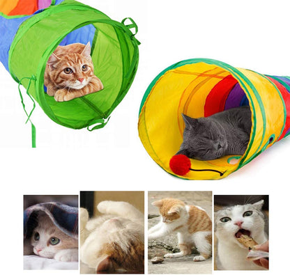Cat Tunnel for Indoor Cats, 45" Long Rainbow Collapsible Kitten Tube with a Fun Ball and 2 Holes Cat Exercise and Running(Colorful)