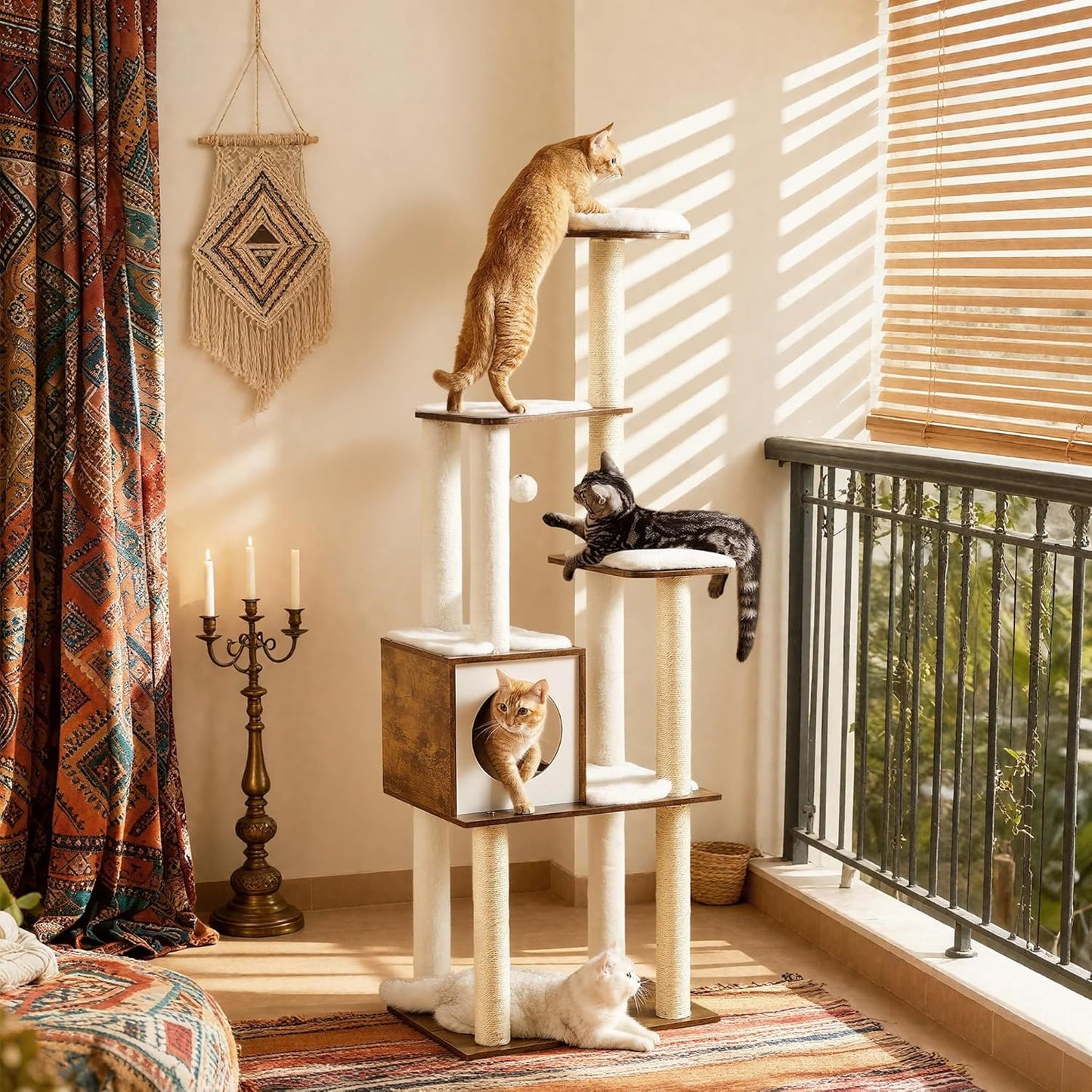Cat Tree, 64.6-Inch Modern Cat Tower, Multi-Level Condo with 5 Scratching Posts, Perch, Washable Removable Cushions, Cave, Rustic Brown