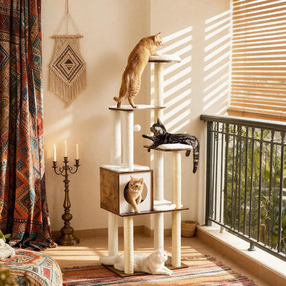 Cat Tree, 64.6-Inch Modern Cat Tower, Multi-Level Condo with 5 Scratching Posts, Perch, Washable Removable Cushions, Cave, Rustic Brown
