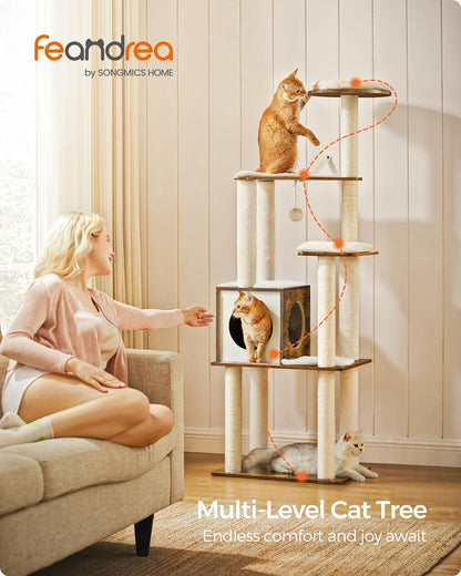 Cat Tree, 64.6-Inch Modern Cat Tower, Multi-Level Condo with 5 Scratching Posts, Perch, Washable Removable Cushions, Cave, Rustic Brown