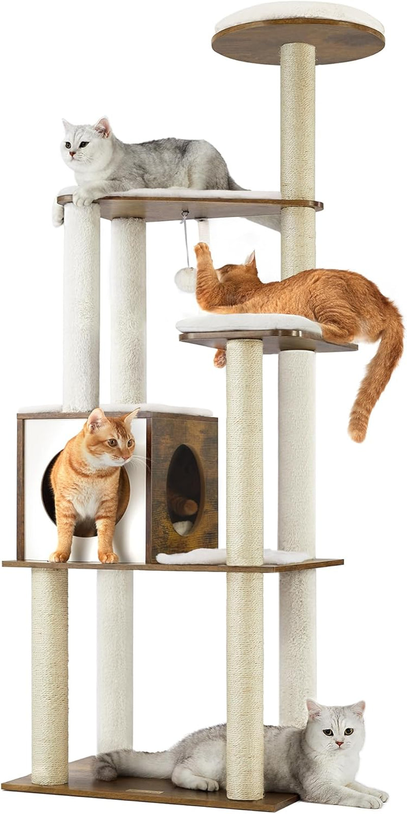 Cat Tree, 64.6-Inch Modern Cat Tower, Multi-Level Condo with 5 Scratching Posts, Perch, Washable Removable Cushions, Cave, Rustic Brown