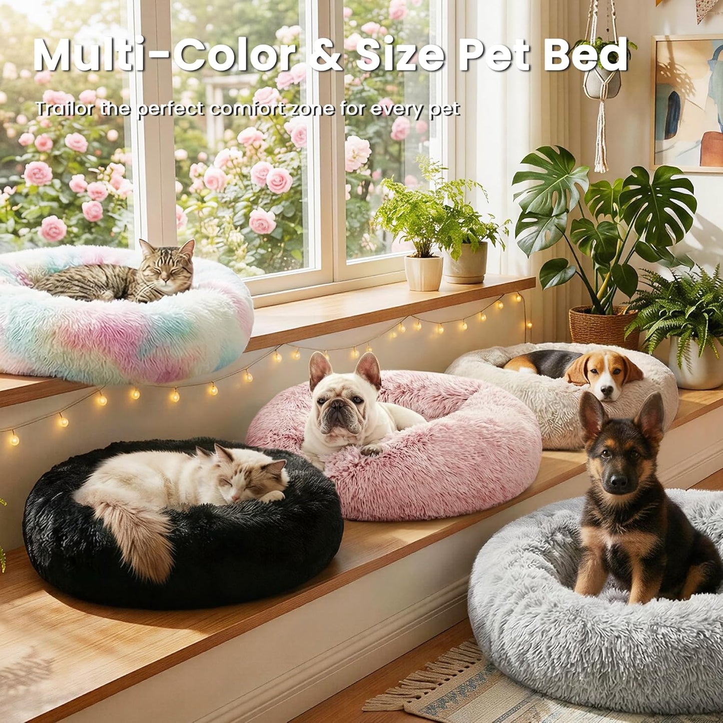 Calming Dog & Cat Bed, Anti-Anxiety Donut round Bed, Fluffy Warming Pet Bed for Small Medium Dogs and Cats, Beige Taupe