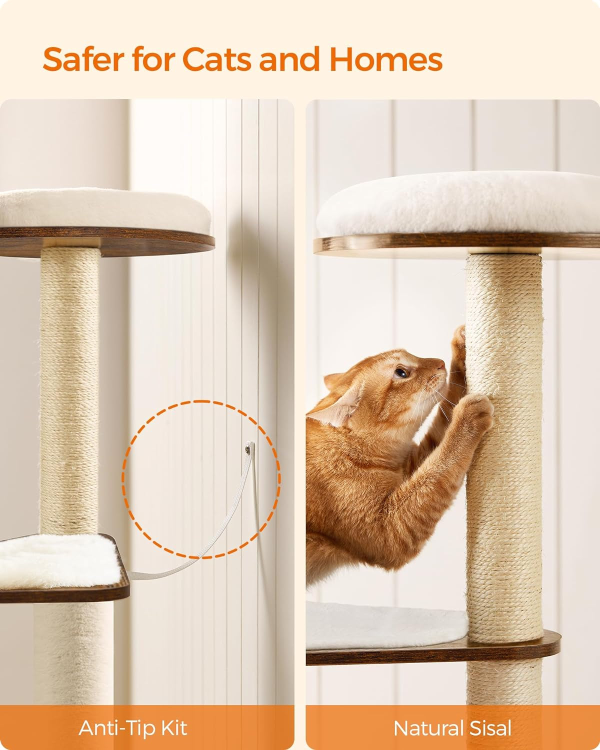Cat Tree, 64.6-Inch Modern Cat Tower, Multi-Level Condo with 5 Scratching Posts, Perch, Washable Removable Cushions, Cave, Rustic Brown