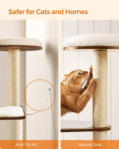 Cat Tree, 64.6-Inch Modern Cat Tower, Multi-Level Condo with 5 Scratching Posts, Perch, Washable Removable Cushions, Cave, Rustic Brown