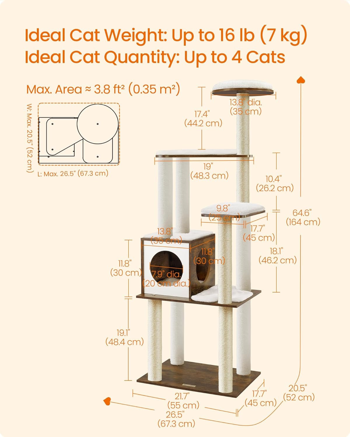 Cat Tree, 64.6-Inch Modern Cat Tower, Multi-Level Condo with 5 Scratching Posts, Perch, Washable Removable Cushions, Cave, Rustic Brown