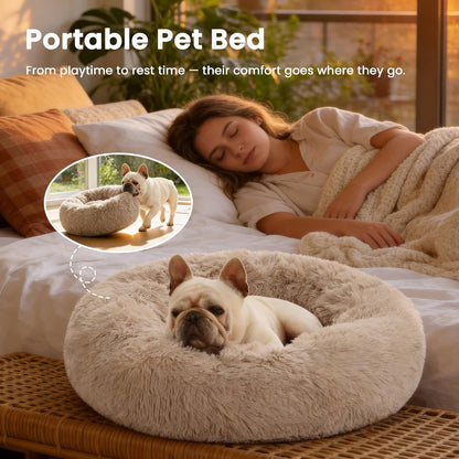 Calming Dog & Cat Bed, Anti-Anxiety Donut round Bed, Fluffy Warming Pet Bed for Small Medium Dogs and Cats, Beige Taupe