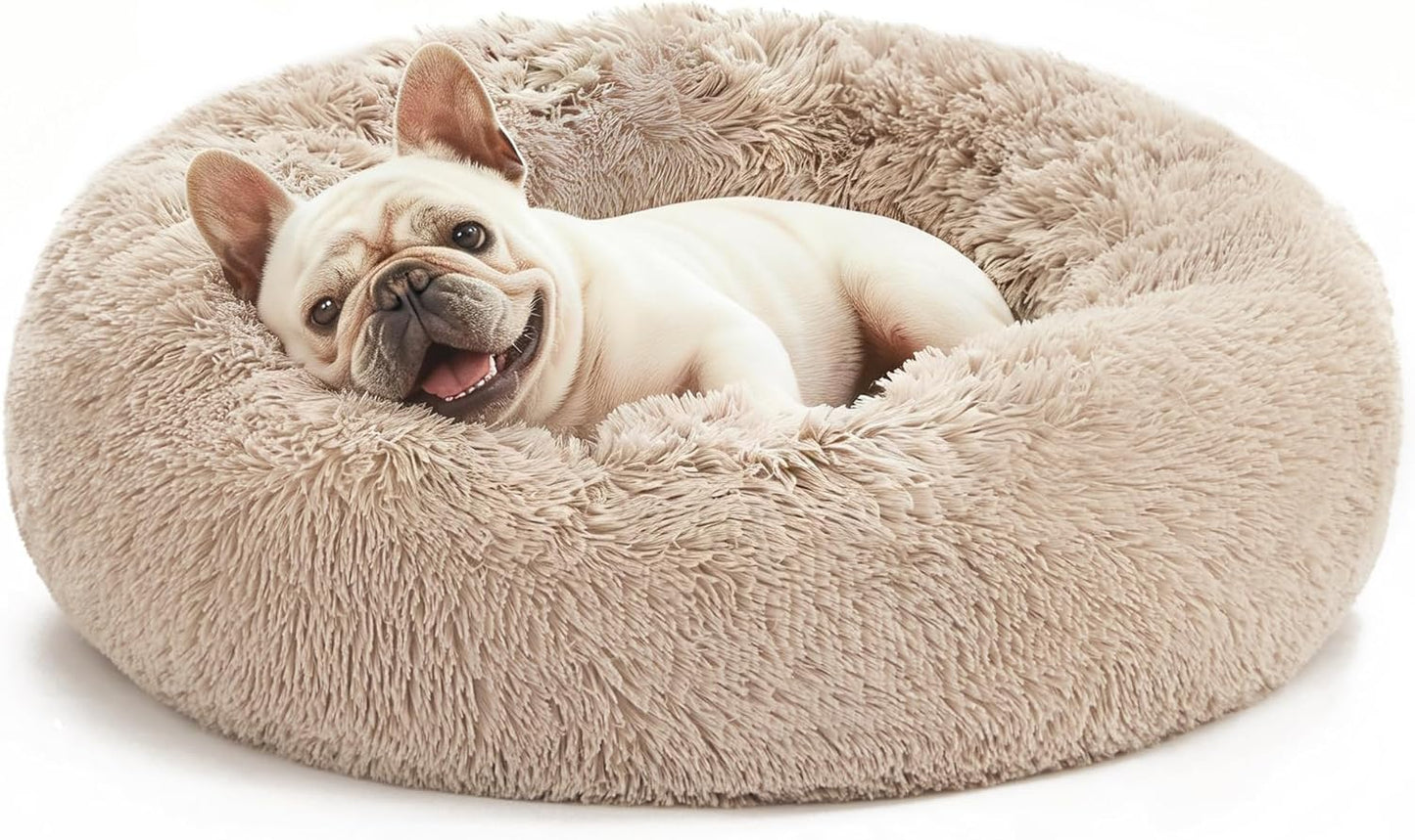 Calming Dog & Cat Bed, Anti-Anxiety Donut round Bed, Fluffy Warming Pet Bed for Small Medium Dogs and Cats, Beige Taupe