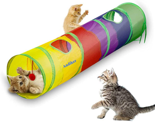 Cat Tunnel for Indoor Cats, 45" Long Rainbow Collapsible Kitten Tube with a Fun Ball and 2 Holes Cat Exercise and Running(Colorful)