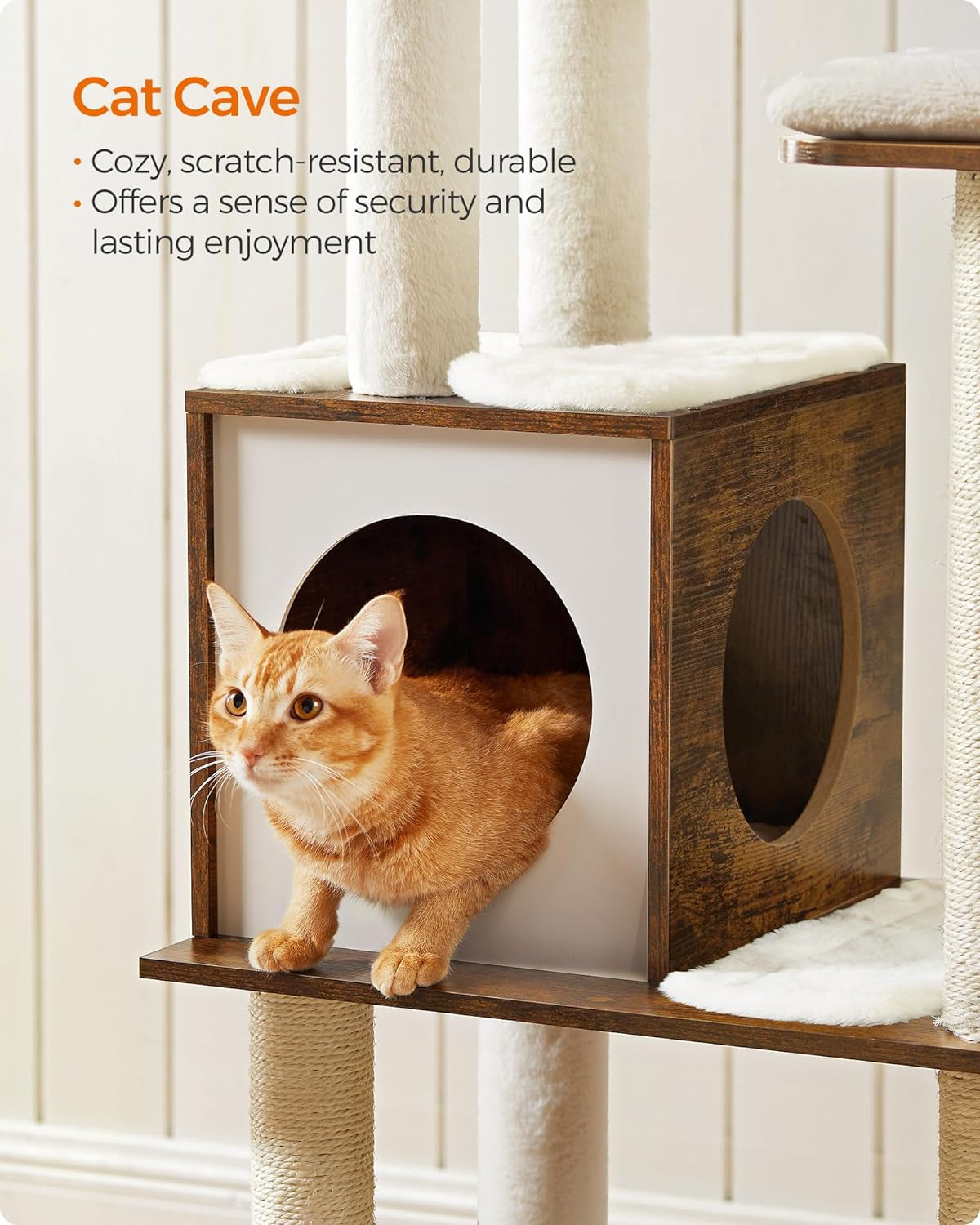 Cat Tree, 64.6-Inch Modern Cat Tower, Multi-Level Condo with 5 Scratching Posts, Perch, Washable Removable Cushions, Cave, Rustic Brown