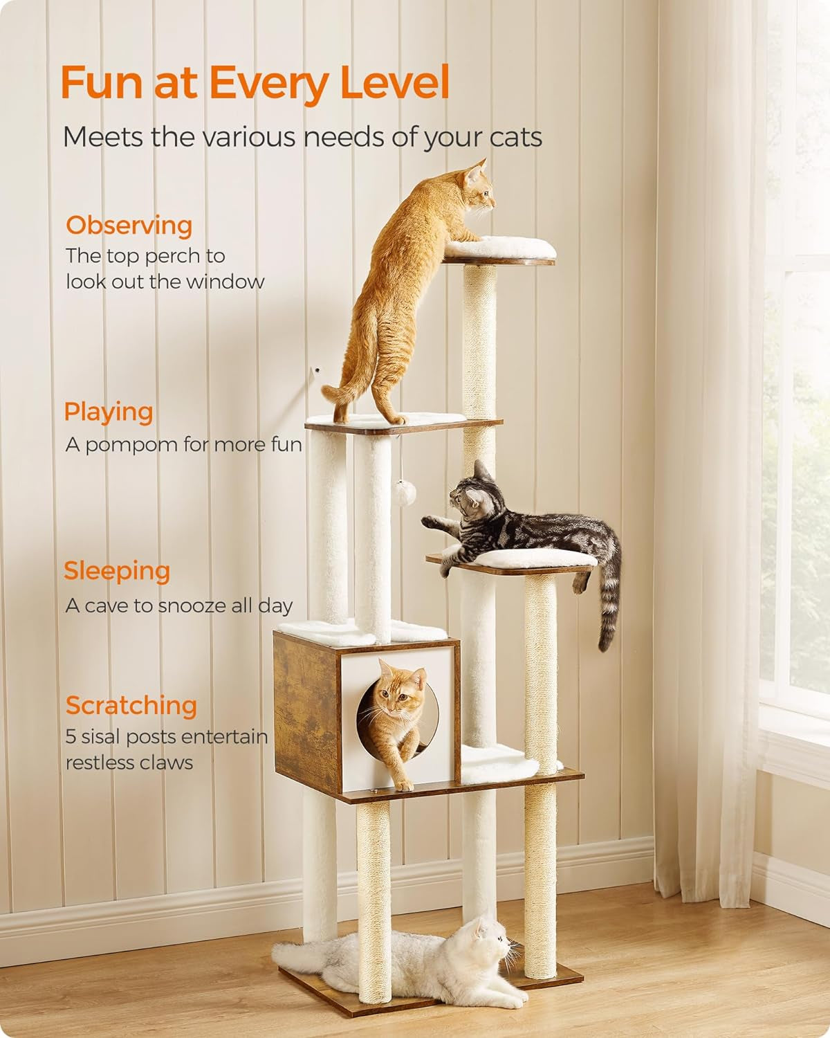 Cat Tree, 64.6-Inch Modern Cat Tower, Multi-Level Condo with 5 Scratching Posts, Perch, Washable Removable Cushions, Cave, Rustic Brown