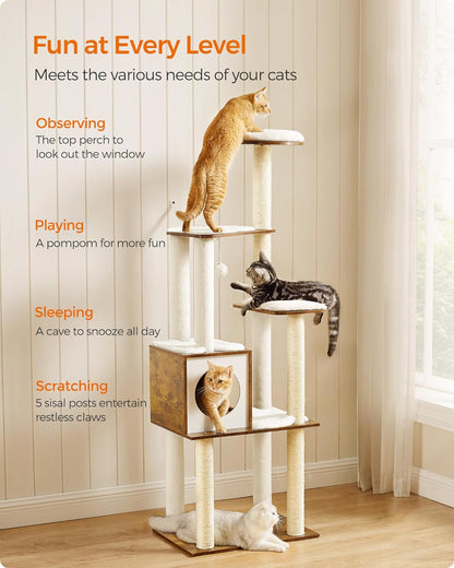 Cat Tree, 64.6-Inch Modern Cat Tower, Multi-Level Condo with 5 Scratching Posts, Perch, Washable Removable Cushions, Cave, Rustic Brown