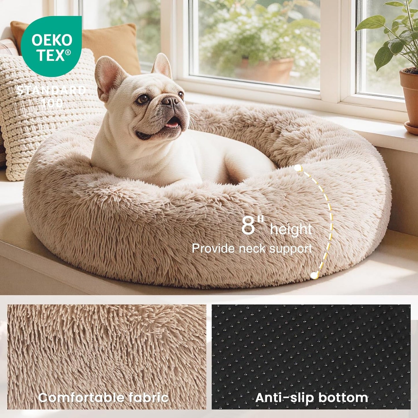 Calming Dog & Cat Bed, Anti-Anxiety Donut round Bed, Fluffy Warming Pet Bed for Small Medium Dogs and Cats, Beige Taupe